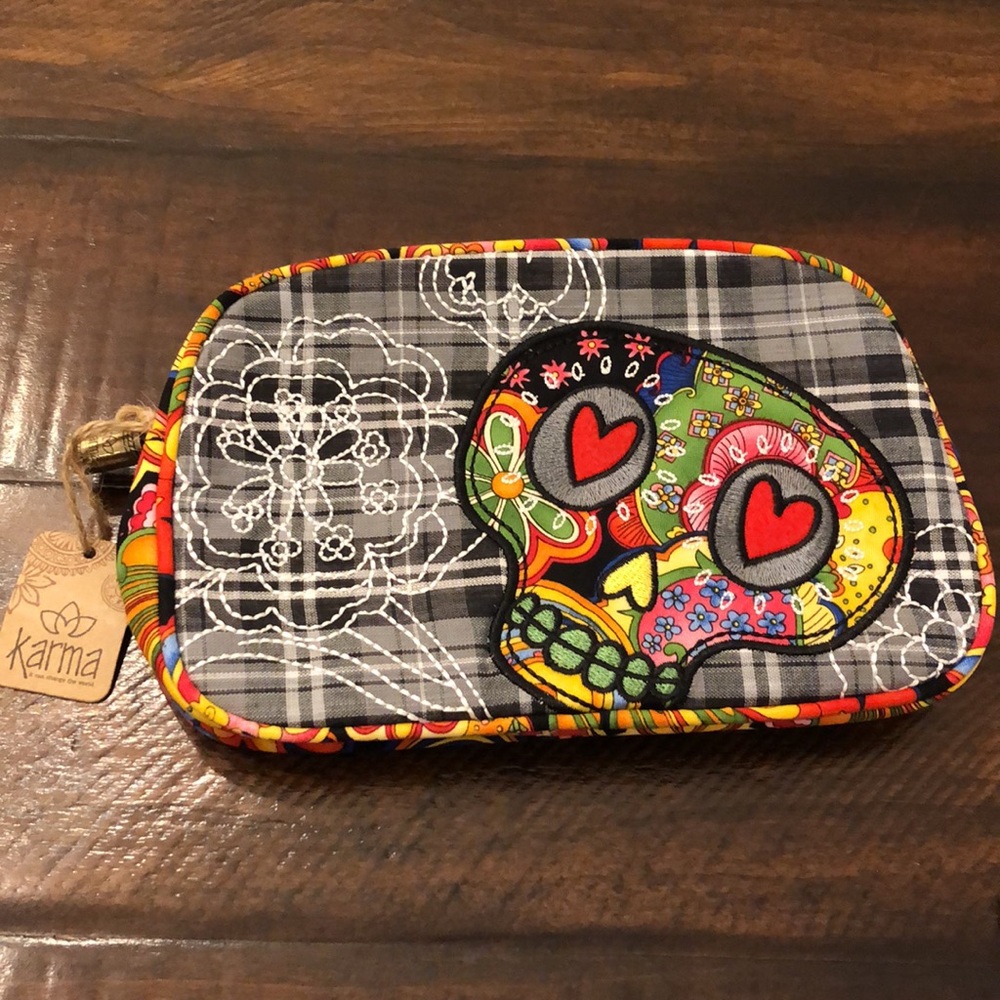 Karma Skull Clutch Cosmetic Bag Makeup Sugar Skull Day Dead Goth Plaid